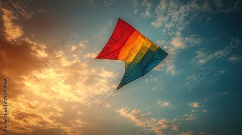 Colorful kite flying high in a sunset sky