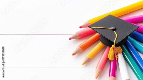 Vibrant collection of colorful crayons arranged with a small graduation cap symbolizing creativity and achievement on a wooden surface photo