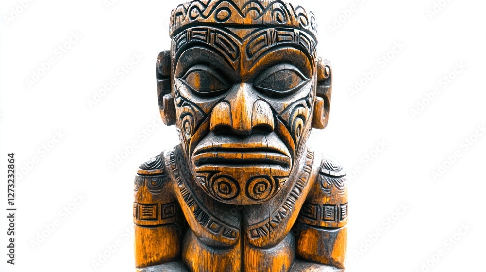 Fototapeta premium A Polynesian god, like TÅ«matauenga, with tribal face markings and a warrior's stance, on a white background.
