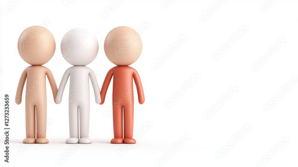 Three stylized wooden figures symbolizing diversity and unity through friendship and togetherness against a neutral background. Three stylized wooden figures symbolizing diversity and unity through friendship and togetherness against a neutral background.