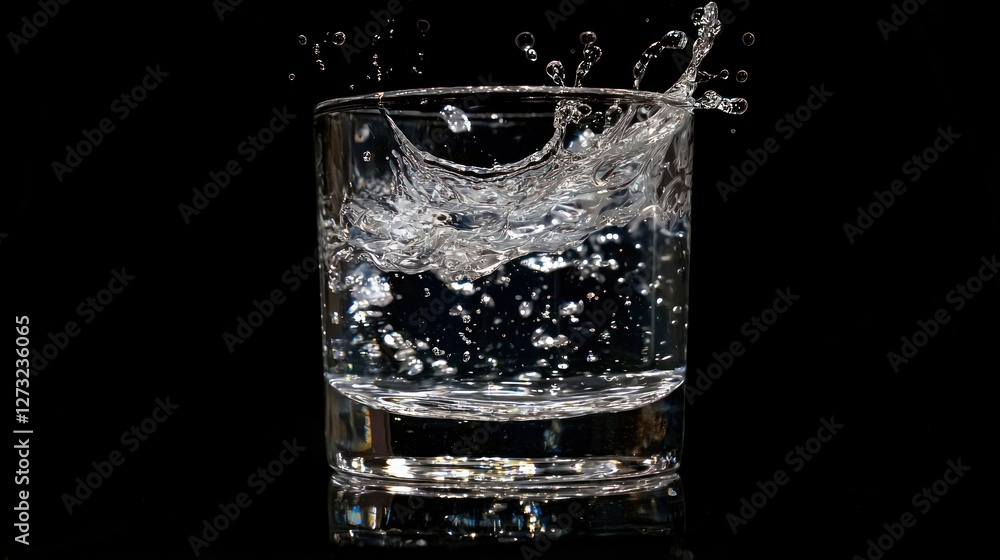 A refreshing water splash in a clear glass, with ripples and droplets catching the light from above A refreshing water splash in a clear glass, with ripples and droplets catching the light from above