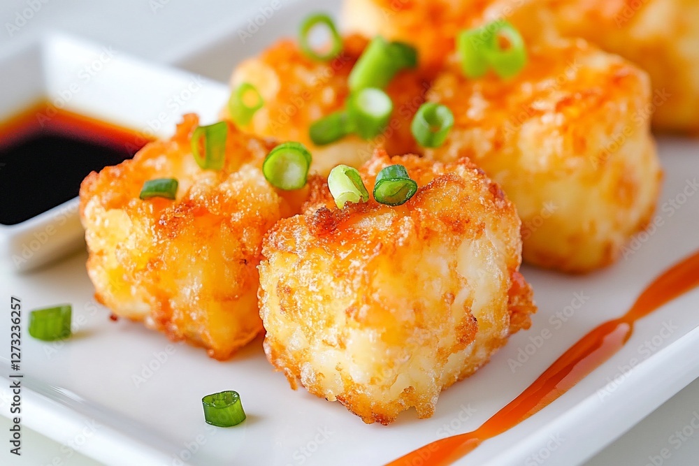 Close-up of four golden-brown, crispy fried rice cakes on a white rectangular plate, garnished with chopped green onions and served with a dark soy sauce and a red chili sauce. Close-up of four golden-brown, crispy fried rice cakes on a white rectangular plate, garnished with chopped green onions and served with a dark soy sauce and a red chili sauce.