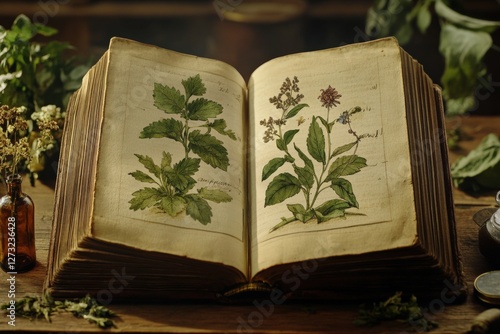 Traditional herbal medicine book featuring detailed plant illustrations. Generative AI