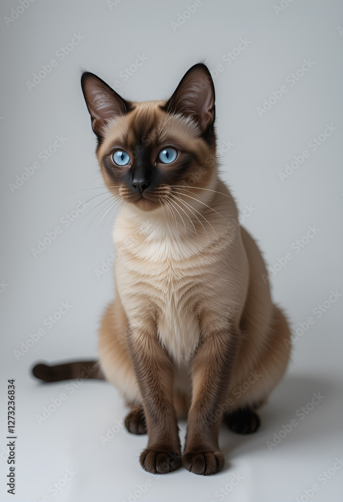 There is a Siamese cat with bright blue eyes. Her fur is soft and fluffy, and her expression conveys calmness and curiosity. There is a Siamese cat with bright blue eyes. Her fur is soft and fluffy, and her expression conveys calmness and curiosity.