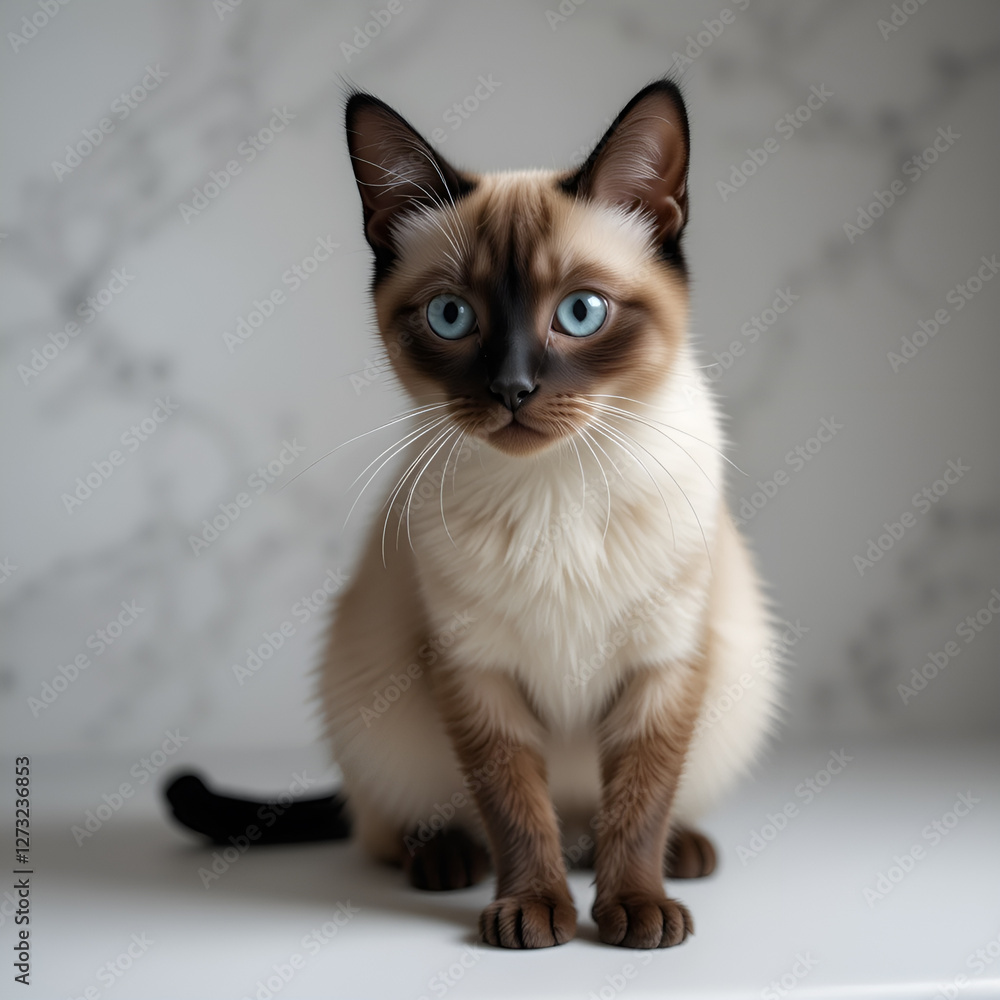 There is a Siamese cat with bright blue eyes. Her fur is soft and fluffy, and her expression conveys calmness and curiosity. There is a Siamese cat with bright blue eyes. Her fur is soft and fluffy, and her expression conveys calmness and curiosity.