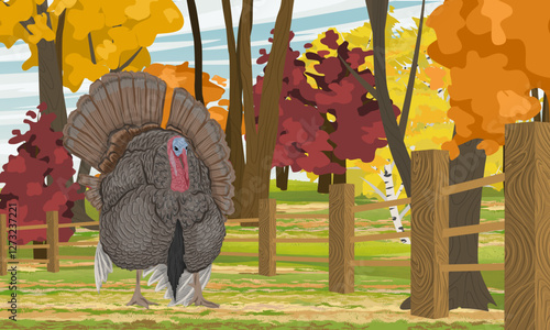 Male turkey stands on a meadow in front of a fence in a poultry yard. Domestic and farm bird in autumn. Realistic vector landscape