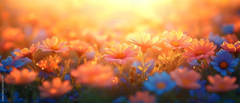 breathtaking field of vibrant wildflowers swaying in the gentle breeze under golden sunlight, with dewdrops shimmering on delicate petals. breathtaking field of vibrant wildflowers swaying in the gentle breeze under golden sunlight, with dewdrops shimmering on delicate petals.