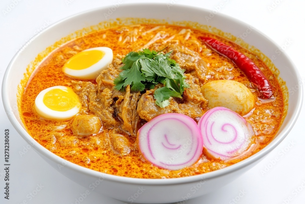 Delicious creamy curry noodle soup with hard-boiled eggs, meat, and pink kamaboko in a white bowl. Delicious creamy curry noodle soup with hard-boiled eggs, meat, and pink kamaboko in a white bowl.