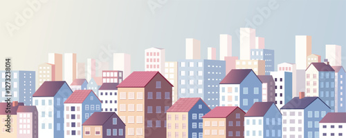 Residential area of ​​a big city against the backdrop of skyscrapers. Modern cityscape of multi-storey residential buildings with red roofs. Apartment buildings. Multi-apartment area of ​​the city.