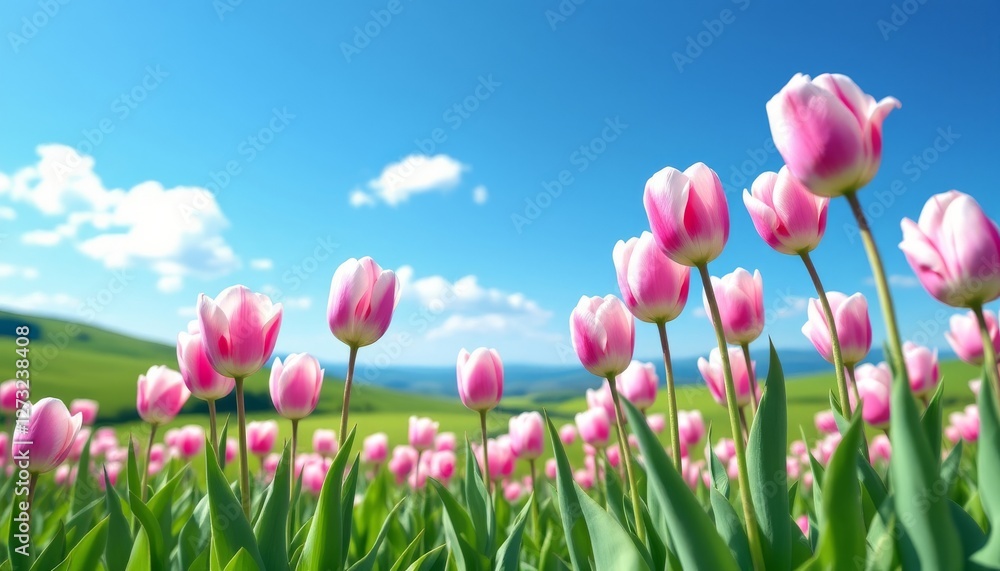 Obraz premium Pink tulips blooming in a sunny field