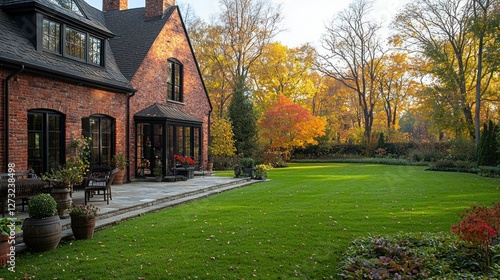 Fototapeta Naklejka Na Ścianę i Meble -  Autumnal brick home patio with fall foliage