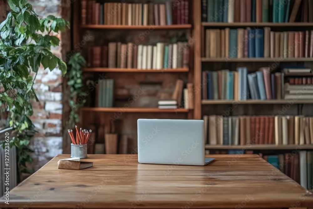 Workspace with wooden desk and open laptop in a cozy library setting. Generative AI Workspace with wooden desk and open laptop in a cozy library setting. Generative AI