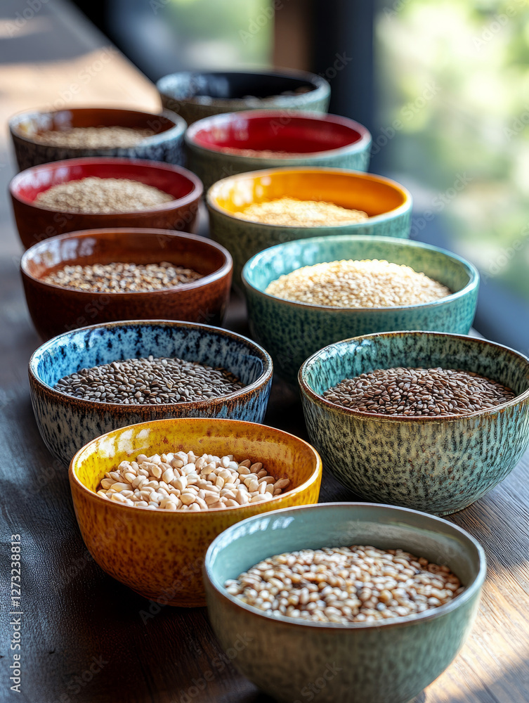 Fototapeta premium Colorful bowls with various grains on a wooden table.
