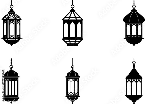Set of Islamic lantern silhouette vector illustration, Arabic hanging lamps, Ramadan Kareem, Eid decoration, traditional Muslim lights, vintage ornate lamp design.