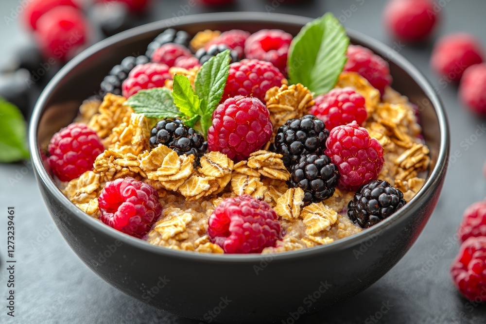 Delicious Bowl of Oatmeal Topped With Fresh Raspberries and Blackberries Ready for a Healthy Breakfast Delight. Generative AI Delicious Bowl of Oatmeal Topped With Fresh Raspberries and Blackberries Ready for a Healthy Breakfast Delight. Generative AI