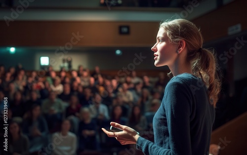 A confident young woman gives a presentation on stage in front of a large audience in a lecture hall.