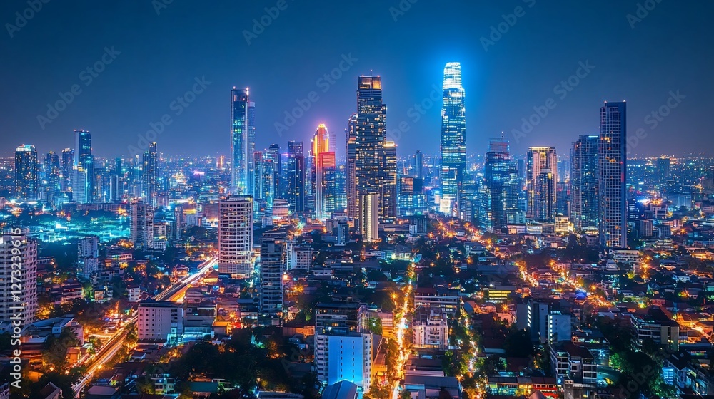 Majestic cityscape at night featuring vibrant lights and towering skyscrapers against a dark sky Majestic cityscape at night featuring vibrant lights and towering skyscrapers against a dark sky
