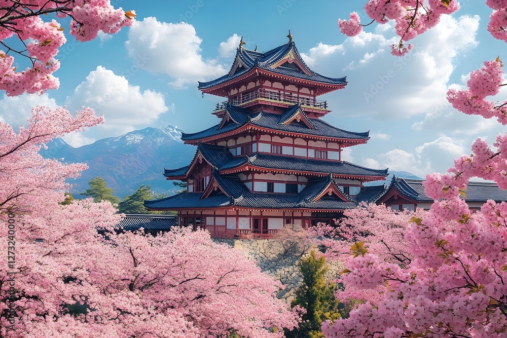 a serene view of a historic japanese palace framed by vibrant pink cherry blossoms in full bloom. a serene view of a historic japanese palace framed by vibrant pink cherry blossoms in full bloom.