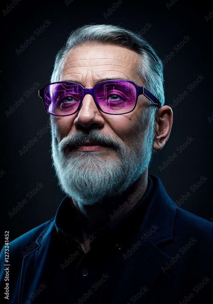 Obraz premium Portrait of an older man with a futuristic style, wearing sleek purple glasses and a confident expression, set against a moody lighting backdrop.