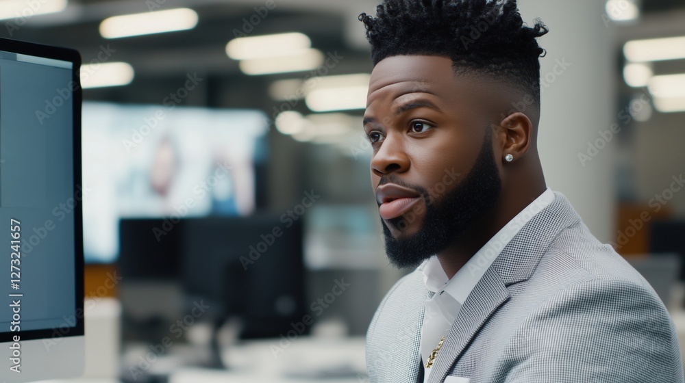 Fototapeta premium Businessman in office environment with focused expression working on computer. Professionalism and corporate work concept