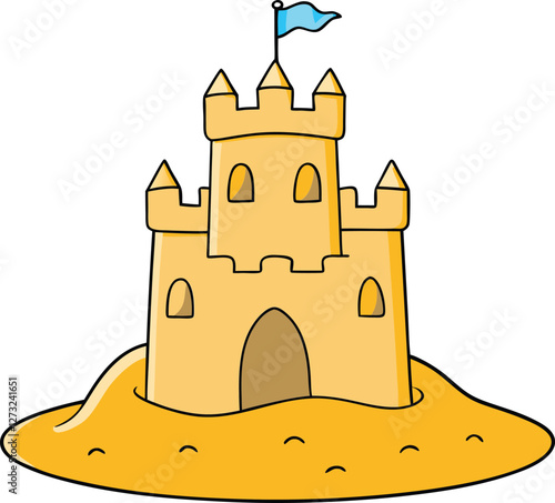 Sand castle on the beach vector illustration, showcasing intricate design, beach scene, seashells, and vibrant summer vibes. Perfect for vacation, children’s fun, and beach themes.