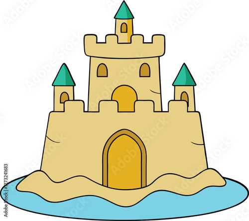 Sand castle on the beach vector illustration, showcasing intricate design, beach scene, seashells, and vibrant summer vibes. Perfect for vacation, children’s fun, and beach themes.