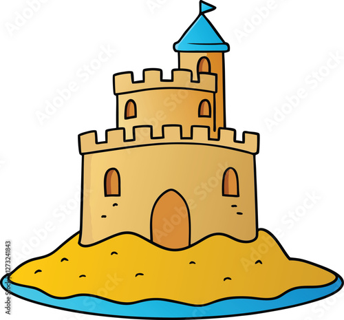 Sand castle on the beach vector illustration, showcasing intricate design, beach scene, seashells, and vibrant summer vibes. Perfect for vacation, children’s fun, and beach themes.