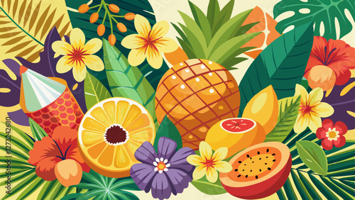 Tropical Fruit Arrangement Vibrant Garden Digital Artwork Lush Environment Close-up View Summer Vibes