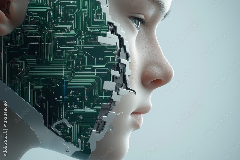 Cybernetic human face with exposed circuit board. Artificial intelligence and future technology