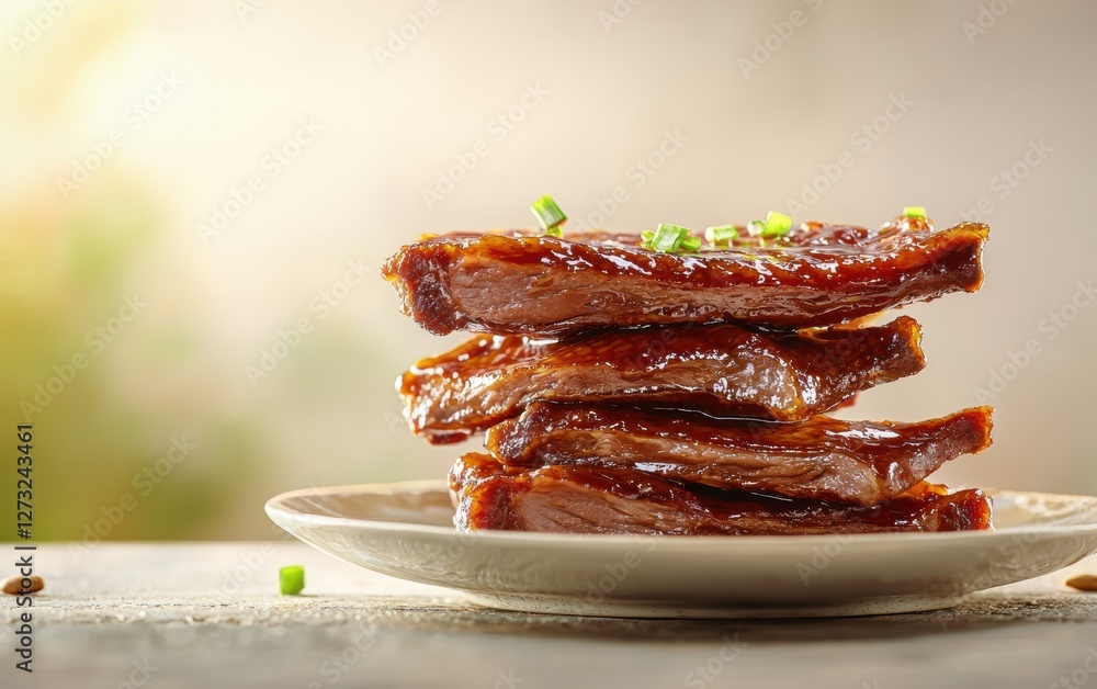Floating plate of Chinese Peking duck with hoisin sauce, isolated on a pastel background Floating plate of Chinese Peking duck with hoisin sauce, isolated on a pastel background