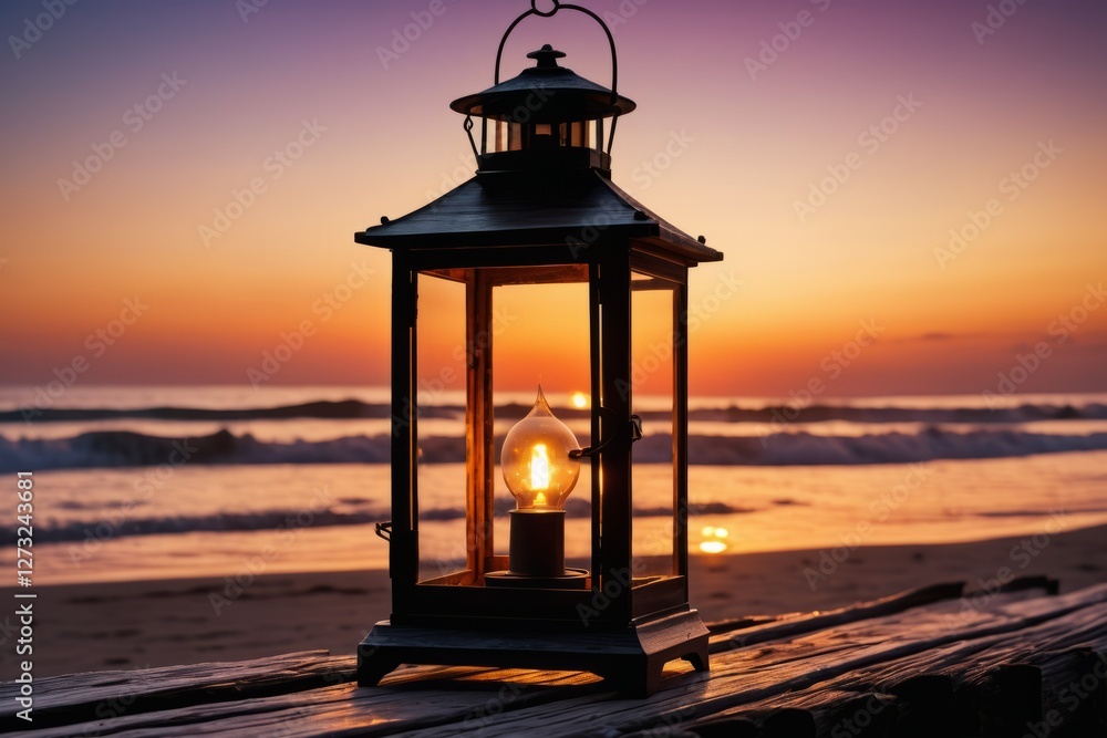 Lantern glowing on the wooden bench at sunset with a colorful sky and calm dock in the background Lantern glowing on the wooden bench at sunset with a colorful sky and calm dock in the background