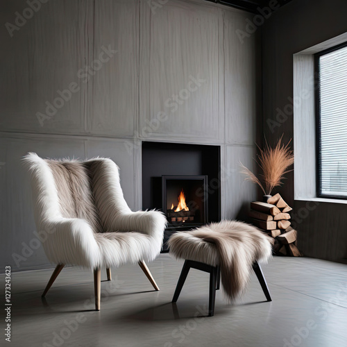 chair with fur throw against concrete wall