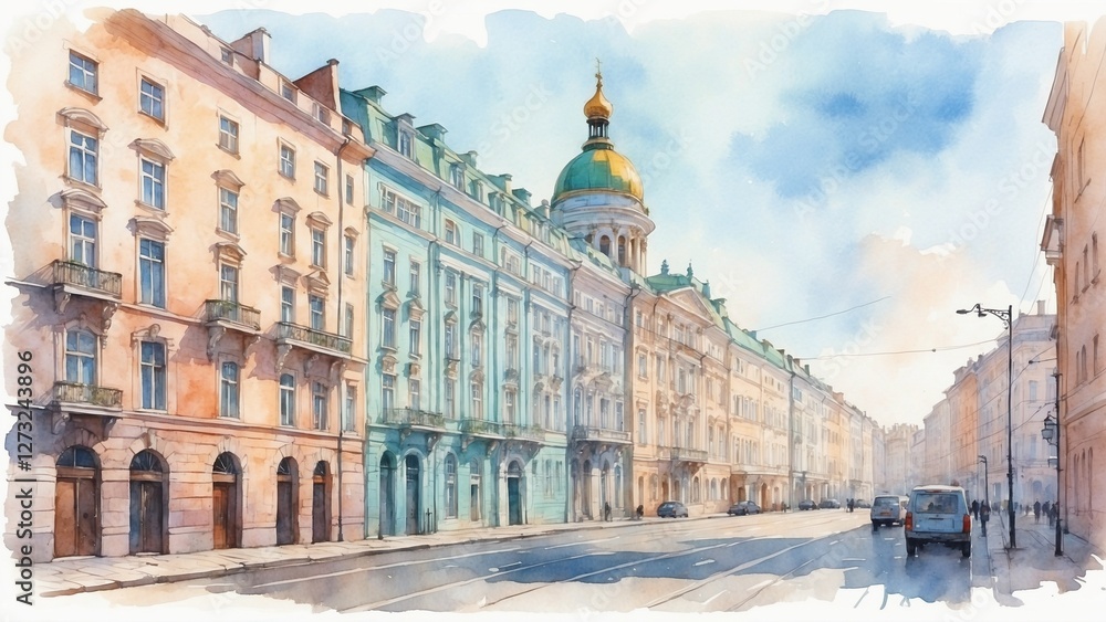 Obraz premium Watercolor painting of a street view in St. Petersburg featuring classic architecture and a dome 