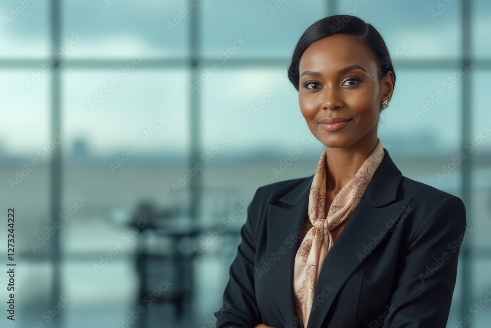 Head and shoulders Portrait of an elegant stylish Angolan 40 years old female flight attendant in uniform. Head and shoulders Portrait of an elegant stylish Angolan 40 years old female flight attendant in uniform.