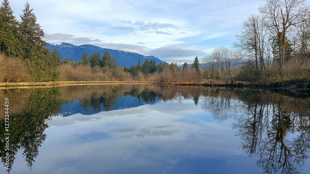 A serene lake with perfectly mirrored water reflecting the surrounding trees and mountains A serene lake with perfectly mirrored water reflecting the surrounding trees and mountains