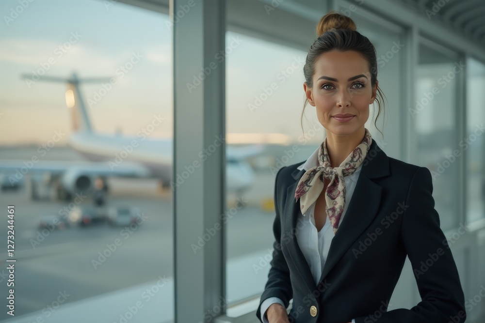 Head and shoulders Portrait of an elegant stylish Argentine 40 years old female flight attendant in uniform. Head and shoulders Portrait of an elegant stylish Argentine 40 years old female flight attendant in uniform.