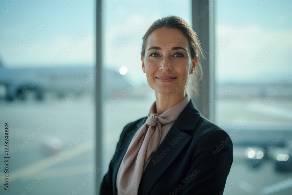 Head and shoulders Portrait of an elegant stylish Armenian 40 years old female flight attendant in uniform. Head and shoulders Portrait of an elegant stylish Armenian 40 years old female flight attendant in uniform.