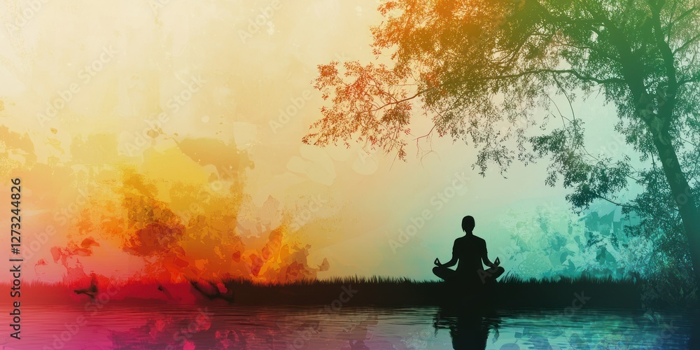 A serene mental wellness concept with a peaceful nature background and a silhouette of a meditating person A serene mental wellness concept with a peaceful nature background and a silhouette of a meditating person