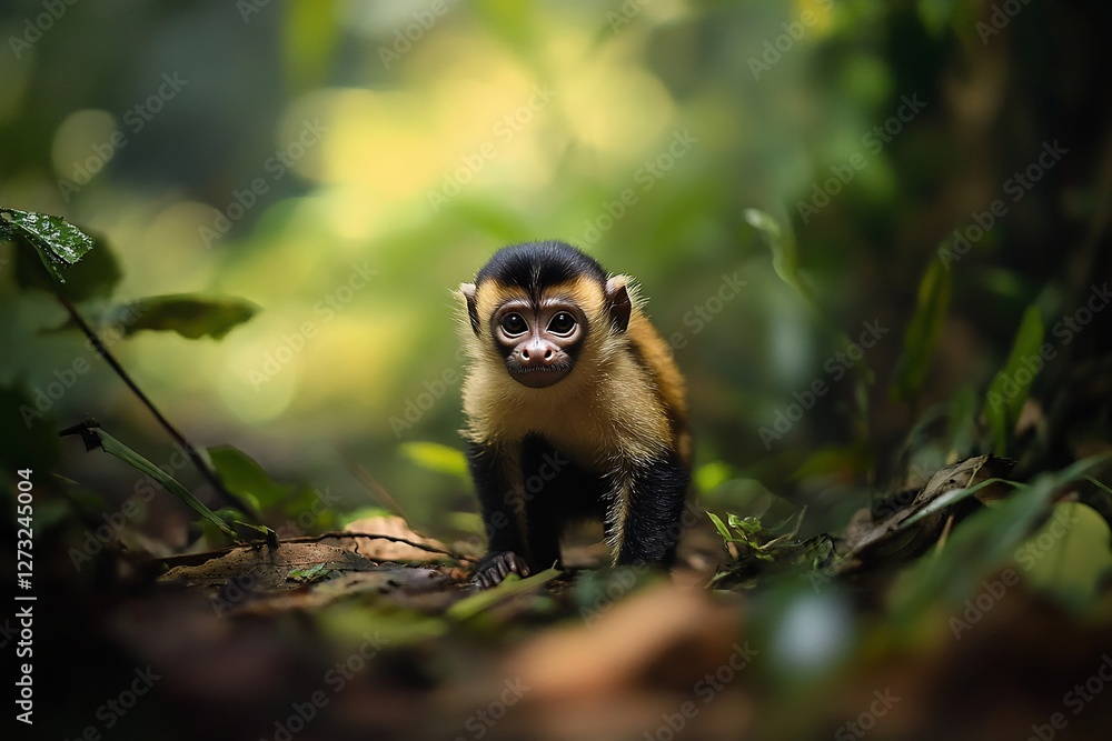 Obraz premium Adorable baby monkey in lush green rainforest environment.