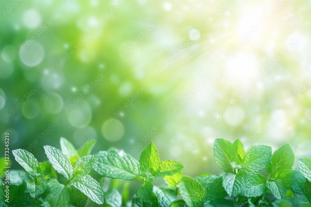 Lush green mint leaves against a bright, bokeh background. Lush green mint leaves against a bright, bokeh background.