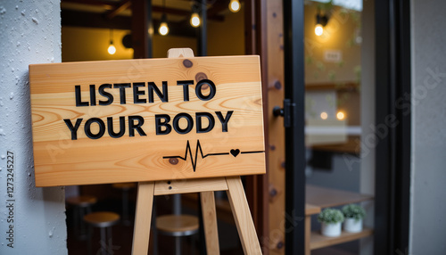 Rustic wooden sign reading “LISTEN TO YOUR BODY” at café entrance, self-care concept
