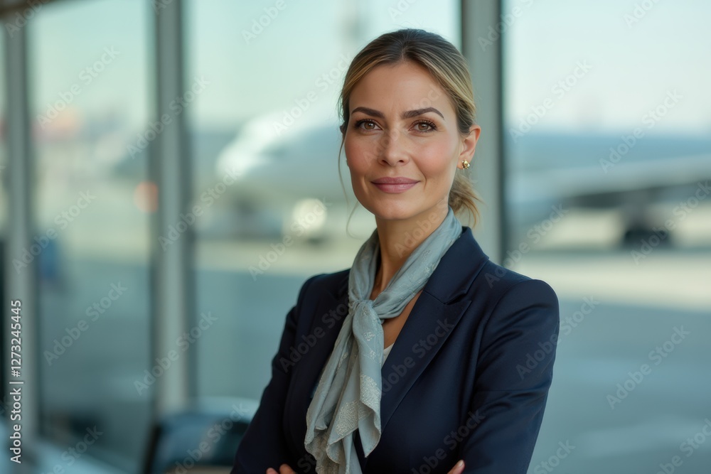 Head and shoulders Portrait of an elegant stylish Bahraini 40 years old female flight attendant in uniform. Head and shoulders Portrait of an elegant stylish Bahraini 40 years old female flight attendant in uniform.