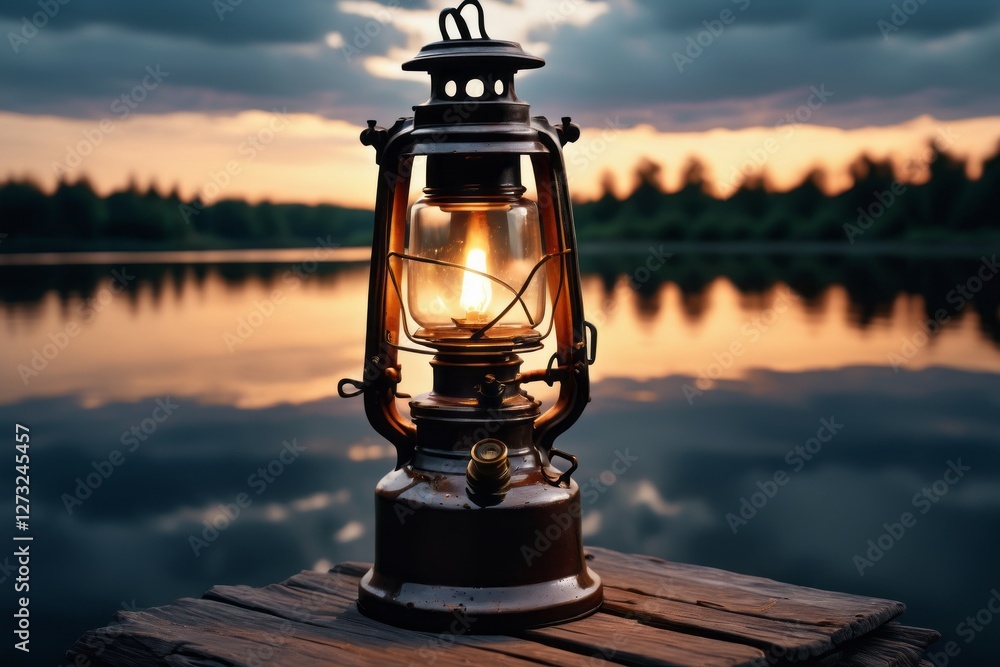 Obraz premium Lantern glowing on the wooden bench at sunset with a colorful sky and calm mangroves in the background