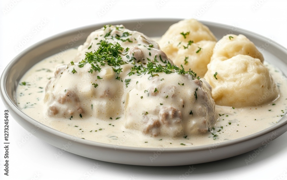 Hovering plate of Czech sv�?ková with creamy sauce and dumplings, isolated on a white background Hovering plate of Czech sv�?ková with creamy sauce and dumplings, isolated on a white background