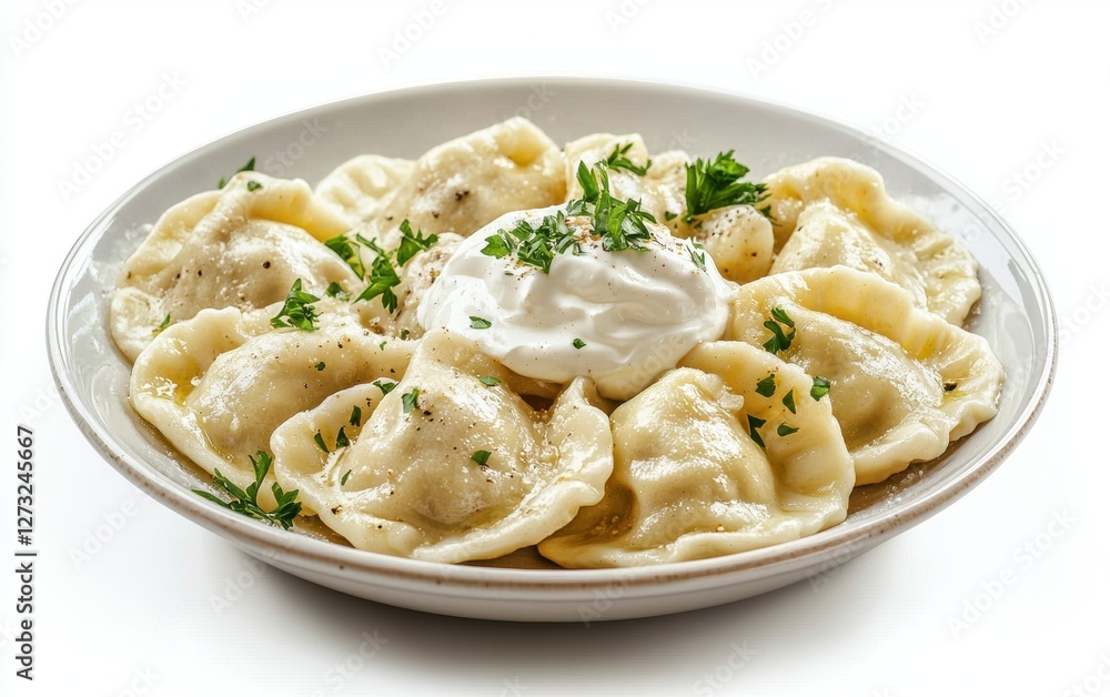 Hovering plate of Polish pierogi dumplings with sour cream, isolated on a white background Hovering plate of Polish pierogi dumplings with sour cream, isolated on a white background