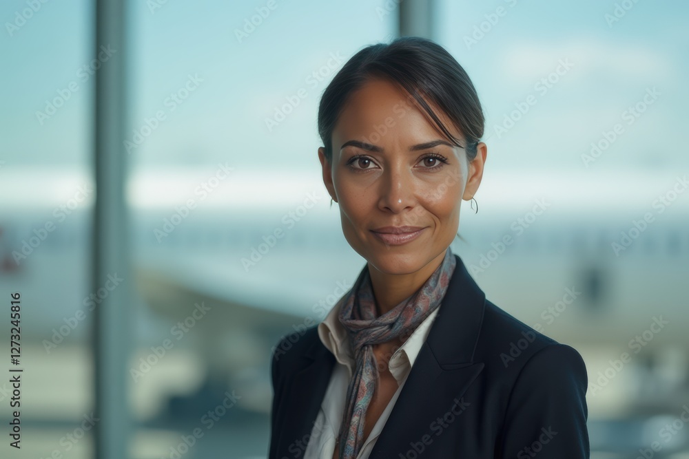 Head and shoulders Portrait of an elegant stylish Barbadian 40 years old female flight attendant in uniform. Head and shoulders Portrait of an elegant stylish Barbadian 40 years old female flight attendant in uniform.
