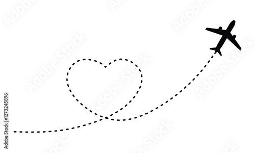 airplane flying with heart shaped trail. plane symbol with dotted line route. design for travel, honeymoon, holiday. transparent vector