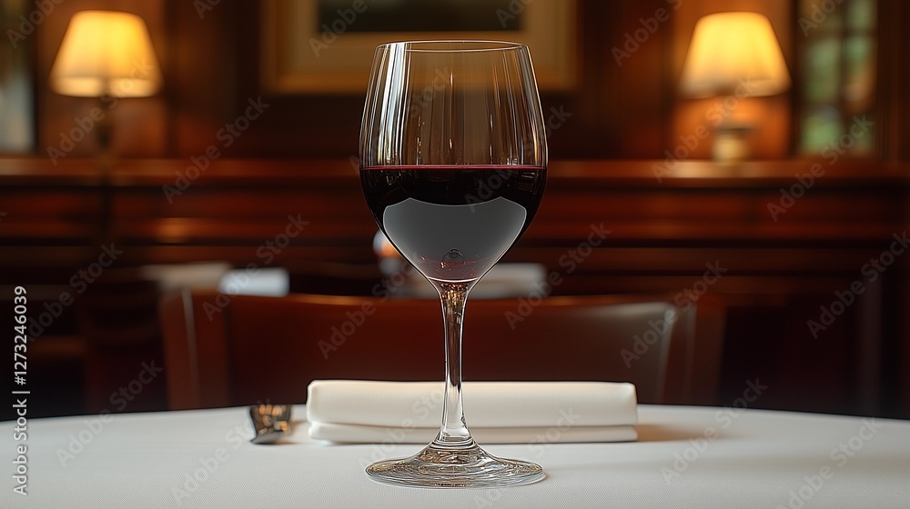 Elegant Glass of Red Wine on a Luxurious Restaurant Table with Warm Ambient Lighting Elegant Glass of Red Wine on a Luxurious Restaurant Table with Warm Ambient Lighting