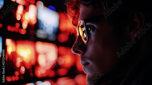 Young man with glasses watches video monitors; tech room; video, surveillance use