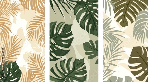 A set of three modern tropical plant posters with geometric-inspired botanical patterns, featuring monstera leaves and palm silhouettes in soft pastel greens and warm earthy hues.